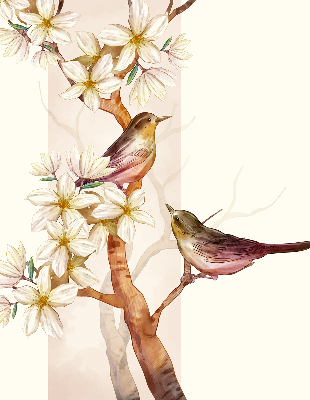 Verduisterend rolgordijn voor raam met vogels in een boom en bloemen
