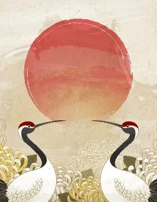 Verduisterend binnengordijn met kraanvogels bij zonsondergang