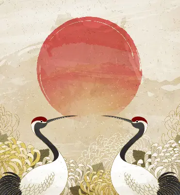 Verduisterend binnengordijn met kraanvogels bij zonsondergang