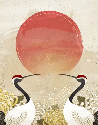 Verduisterend binnengordijn met kraanvogels bij zonsondergang