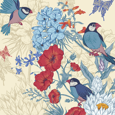 Verduisterend stoffen rolgordijn met vogels tussen de bloemen