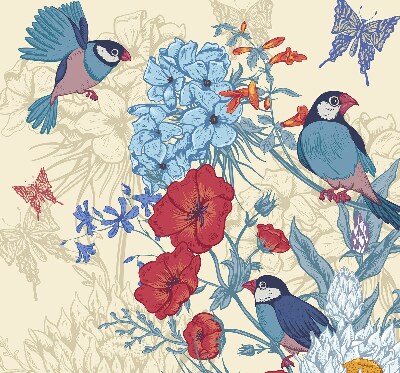 Verduisterend stoffen rolgordijn met vogels tussen de bloemen