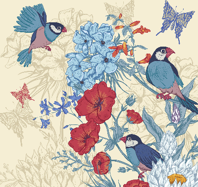 Verduisterend stoffen rolgordijn met vogels tussen de bloemen