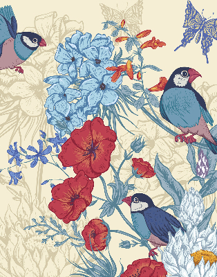 Verduisterend stoffen rolgordijn met vogels tussen de bloemen