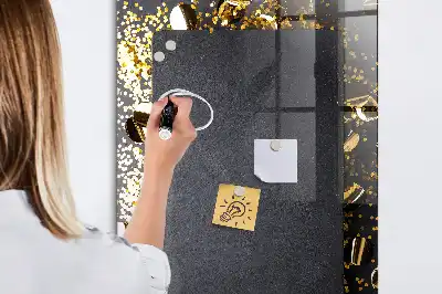 Decoratief glazen wandbord beschrijfbaar en magnetisch met gouden confetti