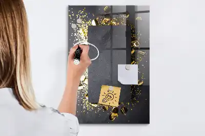 Decoratief glazen wandbord beschrijfbaar en magnetisch met gouden confetti