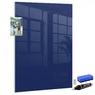 Decoratief glazen wandbord beschrijfbaar en magnetisch in marineblauw