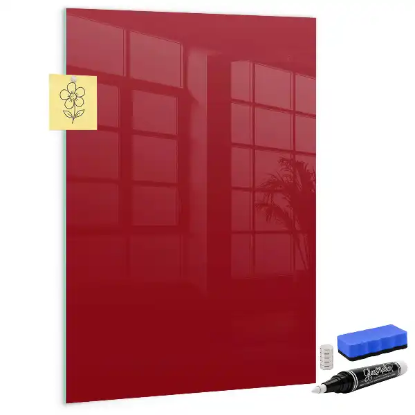 Decoratief glazen wandbord beschrijfbaar en magnetisch in de kleur rood