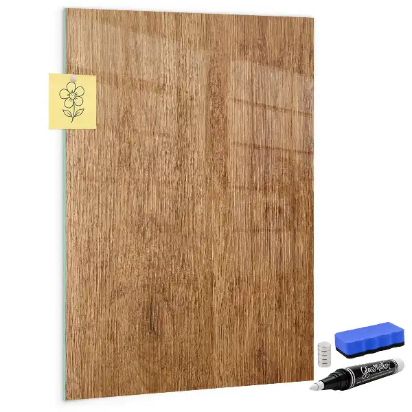 Decoratief glazen wandbord beschrijfbaar en magnetisch in warme houttonen