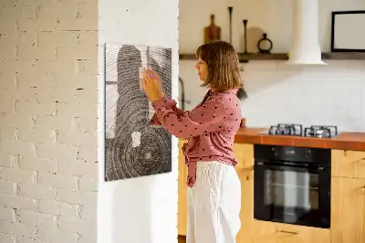 Decoratief glazen wandbord beschrijfbaar en magnetisch met jaarringen motief