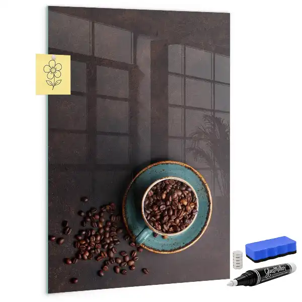 Decoratief glazen memobord met afbeelding van koffiebonen, beschrijfbaar en magnetisch
