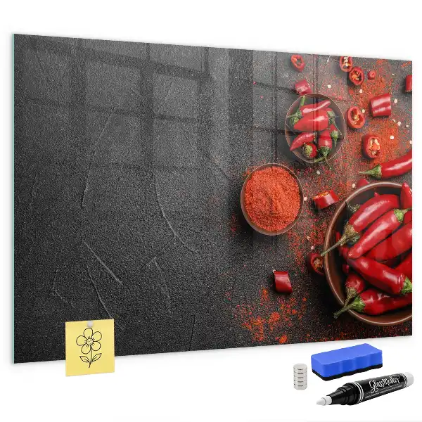 Glazen memobord met rode paprika's print inclusief neodymium magneten