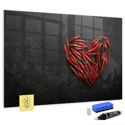 Glazen memobord met print inclusief neodymium magneten van hart met paprika's