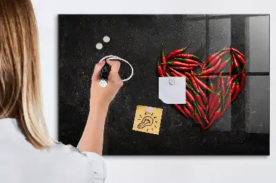 Glazen memobord met print inclusief neodymium magneten van hart met paprika's