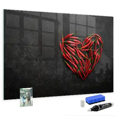 Glazen memobord met print inclusief neodymium magneten van hart met paprika's