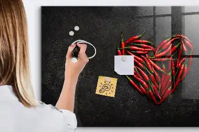 Glazen memobord met print inclusief neodymium magneten van hart met paprika's