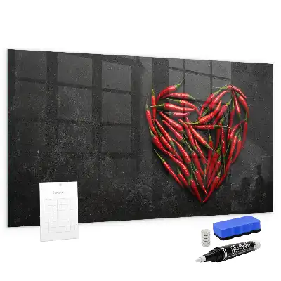 Glazen memobord met print inclusief neodymium magneten van hart met paprika's