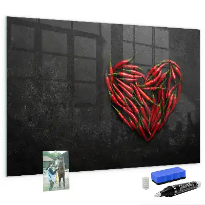 Glazen memobord met print inclusief neodymium magneten van hart met paprika's