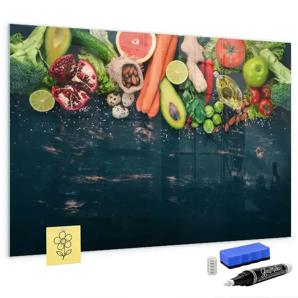 Glazen memobord met print inclusief neodymium magneten met groenten op tafel motief