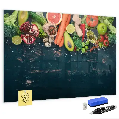 Glazen memobord met print inclusief neodymium magneten met groenten op tafel motief