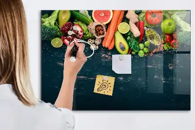 Glazen memobord met print inclusief neodymium magneten met groenten op tafel motief