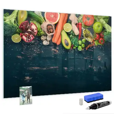 Glazen memobord met print inclusief neodymium magneten met groenten op tafel motief