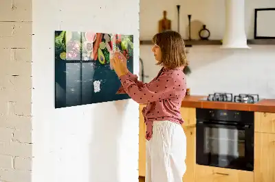 Glazen memobord met print inclusief neodymium magneten met groenten op tafel motief