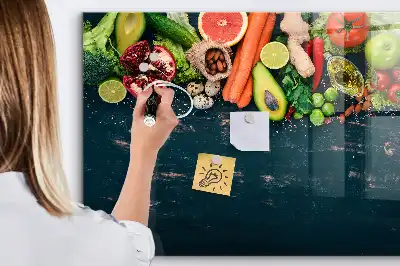 Glazen memobord met print inclusief neodymium magneten met groenten op tafel motief