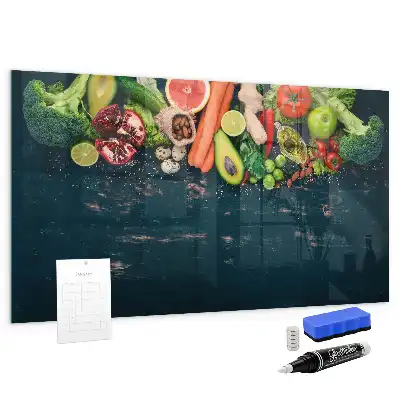 Glazen memobord met print inclusief neodymium magneten met groenten op tafel motief