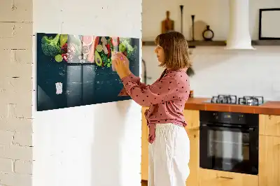 Glazen memobord met print inclusief neodymium magneten met groenten op tafel motief