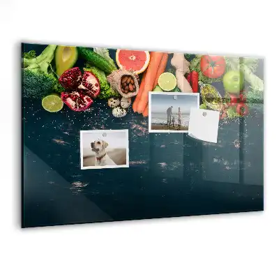 Glazen memobord met print inclusief neodymium magneten met groenten op tafel motief