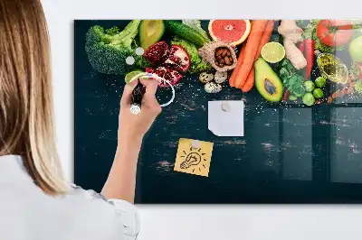 Glazen memobord met print inclusief neodymium magneten met groenten op tafel motief