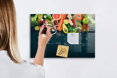 Glazen memobord met print inclusief neodymium magneten met groenten op tafel motief