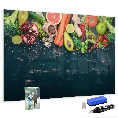 Glazen memobord met print inclusief neodymium magneten met groenten op tafel motief