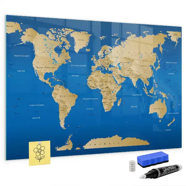 Glazen memobord met print inclusief neodymium magneten in wereld-design