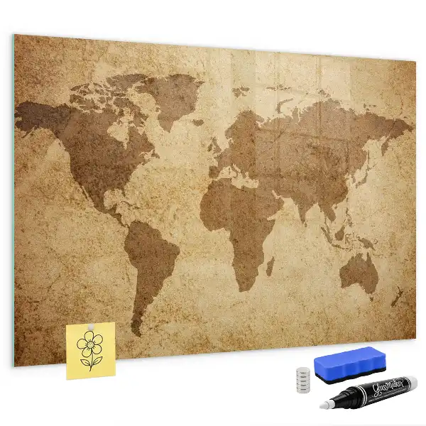 Magnetisch planbord van bedrukt glas met vintage wereldkaart
