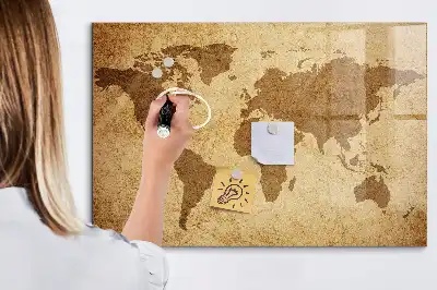 Magnetisch planbord van bedrukt glas met vintage wereldkaart