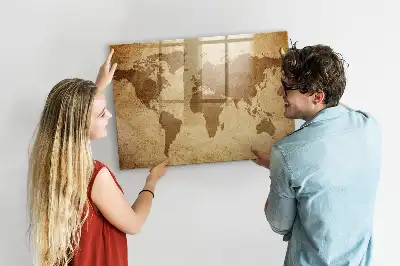 Magnetisch planbord van bedrukt glas met vintage wereldkaart