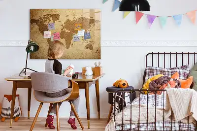 Magnetisch planbord van bedrukt glas met vintage wereldkaart