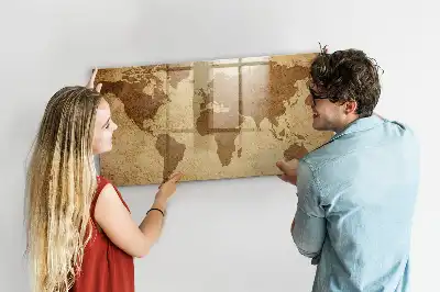 Magnetisch planbord van bedrukt glas met vintage wereldkaart