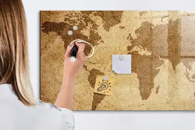 Magnetisch planbord van bedrukt glas met vintage wereldkaart