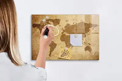 Magnetisch planbord van bedrukt glas met vintage wereldkaart