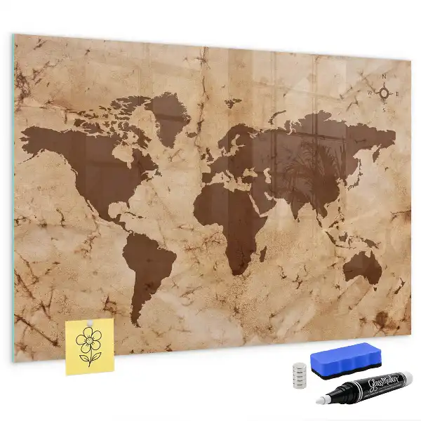Glazen memobord met print en neodymium magneten uitvoering vintage wereldkaart
