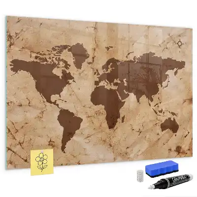 Glazen memobord met print en neodymium magneten uitvoering vintage wereldkaart