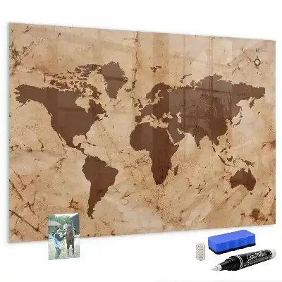 Glazen memobord met print en neodymium magneten uitvoering vintage wereldkaart