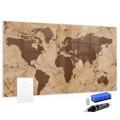 Glazen memobord met print en neodymium magneten uitvoering vintage wereldkaart