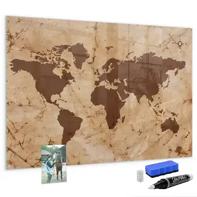 Glazen memobord met print en neodymium magneten uitvoering vintage wereldkaart