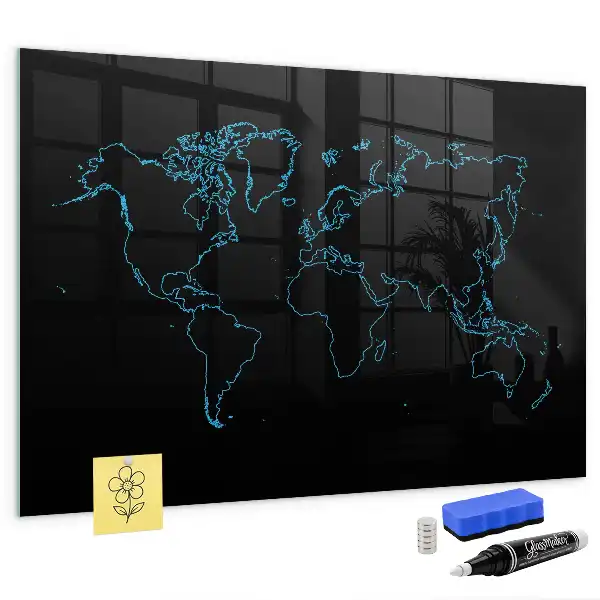 Glazen memobord met wereldkaartprint inclusief neodymium magneten