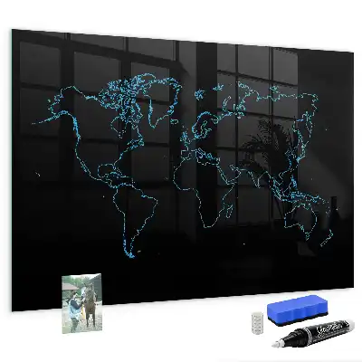Glazen memobord met wereldkaartprint inclusief neodymium magneten