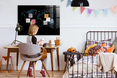 Glazen memobord met wereldkaartprint inclusief neodymium magneten
